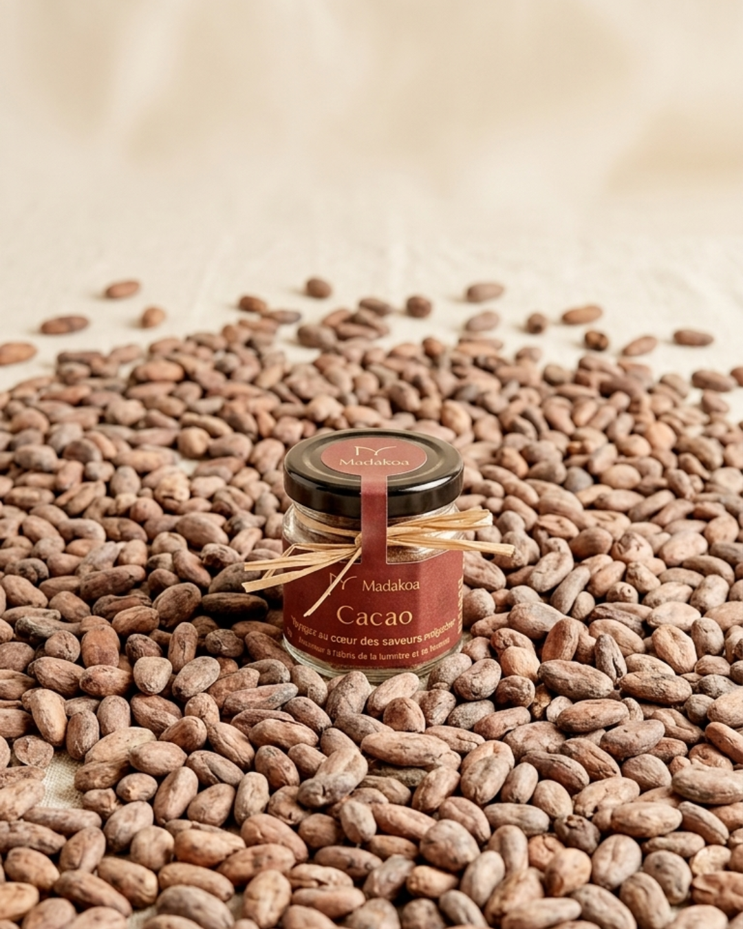 bocal Cacao au milieu de feves brutes